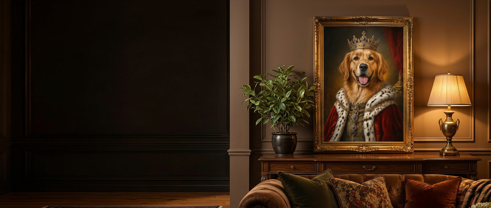 Framed royal dog portrait displayed above a sofa